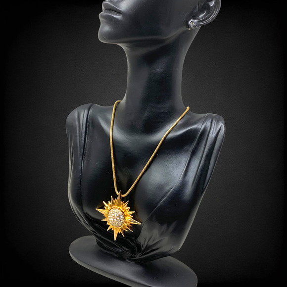 Swarovski Crystal Starburst Sun Gold Tone Celestial Statement Pendant Necklace - Picture 7 of 7